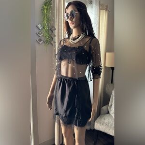 Free People Black Satin Slip Skirt with Lace Trim